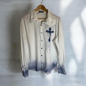 Apricot Tree White Button-Up Shirt with Navy Stitching & Cross Design Size XXL